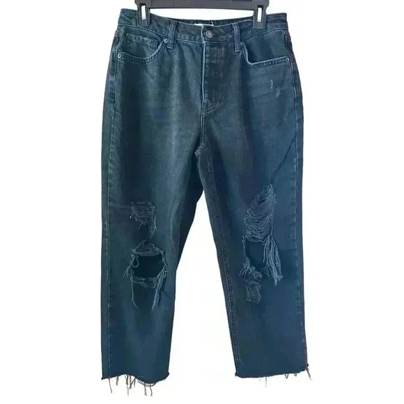 Forever 21 Distressed Ripped Straight Leg Mom Fit High Rise Black Jeans Size 27 - Picture 1 of 6